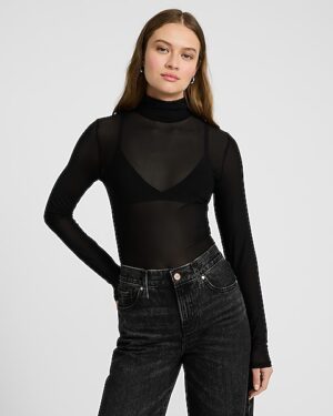 Fitted Mesh Mock Neck Long Sleeve Bodysuit