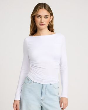 Boat Neck Long Sleeve Ruched Tee