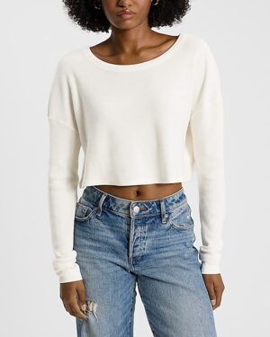 Waffle Crew Neck Long Sleeve Cropped Boyfriend Tee