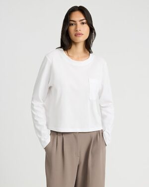 Cotton Crew Neck Long Sleeve Pocket Cropped Boyfriend Tee