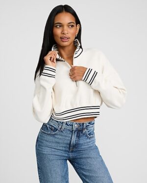 Striped Trim Quarter Zip Cropped Sweatshirt