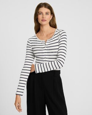 Fitted Ribbed Striped Long Sleeve Henley Tee