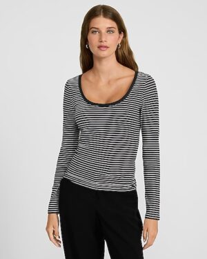 Fitted Ribbed Striped Scoop Neck Long Sleeve Tee