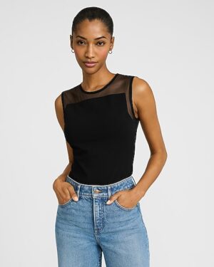 Studio Stretch Crepe Mesh Pieced Sleeveless Bodysuit