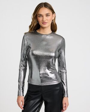 Shine Ribbed Crew Neck Long Sleeve Tee