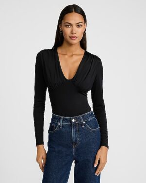 Body Contour Compression V-Neck Long Sleeve Ruched Bodysuit