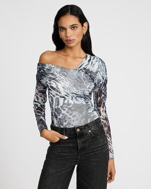Leopard Mesh Asymmetrical Off the Shoulder Long Sleeve Ruched Bodysuit