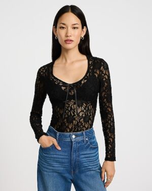 Lace V-Neck Long Sleeve Bow Tee
