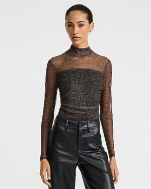 Snake Print Mesh Mock Neck Ruched Bodysuit