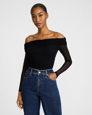 Mesh Sleeved Off The Shoulder Ruched Bodysuit