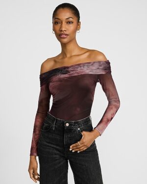 Printed Mesh Off The Shoulder Long Sleeve Bodysuit