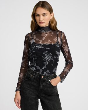Mesh Printed Mock Neck Long Sleeve Tee