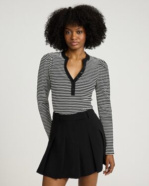 Striped Ribbed Puff Sleeve Henley Bodysuit