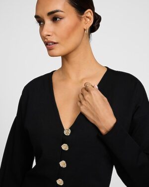 Ponte V-Neck Long Sleeve Novelty Button Cutaway Top