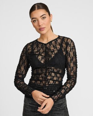 Lace Ruched Crew Neck Long Sleeve Tee