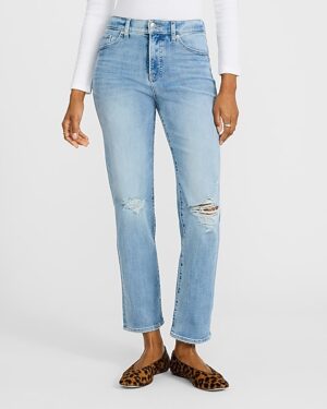 High Waisted Light Wash Ripped Straight Ankle Jeans