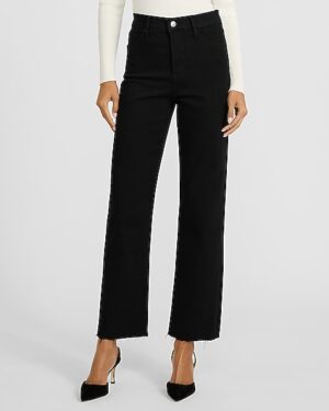 High Waisted Stay Black Raw Hem Straight Ankle Jeans