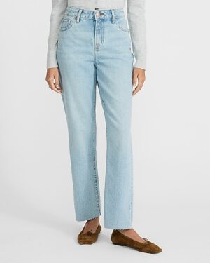 High Waisted Light Wash Raw Hem 50/50 Rigid Stretch Straight Ankle Jeans