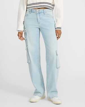 Low Rise Light Wash Relaxed Straight Cargo Jeans