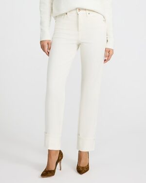 High Waisted Ivory Cuffed Straight Ankle Jeans