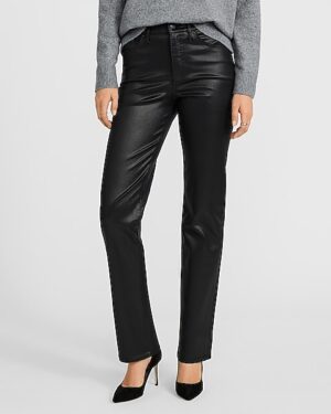 High Waisted Black Coated Straight Jeans