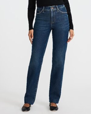 High Waisted Dark Wash Folded Hem Straight Jeans