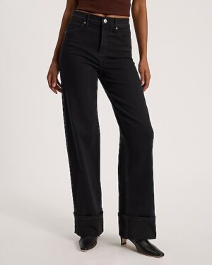 High Waisted Stay Black Cuffed Hem Wide Leg Jeans