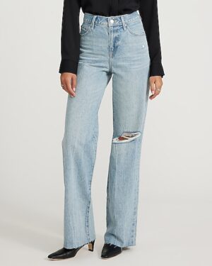 High Waisted Light Wash 50/50 Rigid Stretch Ripped Wide Leg Jeans