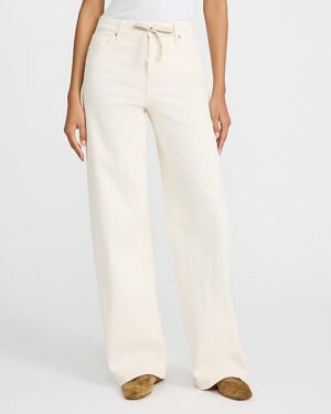 High Waisted Ivory Wash Drawstring Wide Leg Jeans