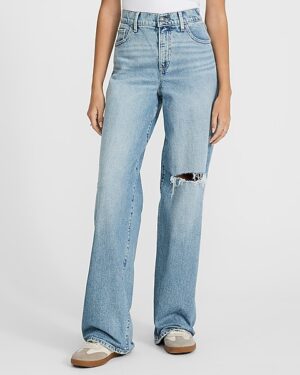 High Waisted Light Wash Ripped Wide Leg Jeans