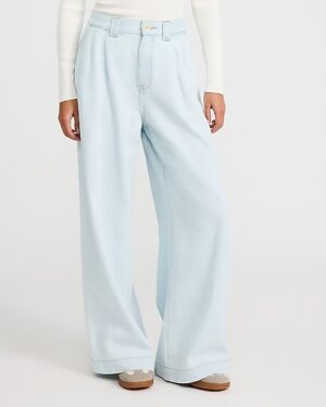 High Waisted Light Wash Pleated Relaxed Trouser Jeans