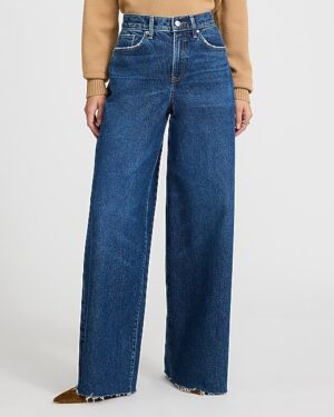 High Waisted Raw Hem Relaxed Wide Leg Stretch Jeans