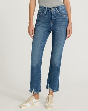 High Waisted Medium Wash Raw Hem Cropped Flare Jeans