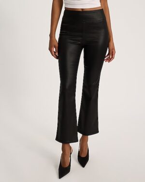 High Waisted Black Coated Pull-On Cropped Flare Jeans