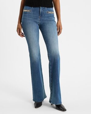 Mid Rise Medium Wash Horsebit FlexX '70s Flare Jeans