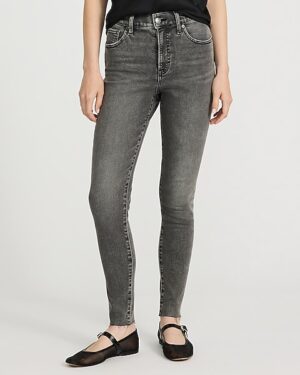 High Waisted Washed Black Raw Hem Skinny Jeans