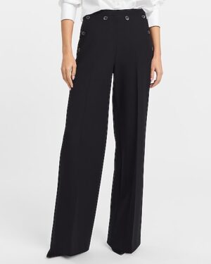 Studio Stretch Twill High Waisted Button Front Wide Leg Pant