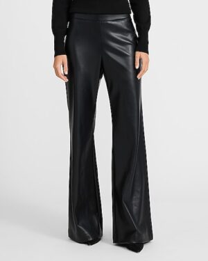 Pull-on Faux Leather Mid Rise Flare Trouser