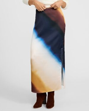 High Waisted Printed Satin Maxi Slip Skirt