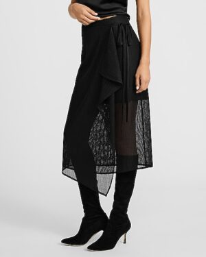 High Waisted Textured Mesh Asymmetrical Wrap Midi Skirt
