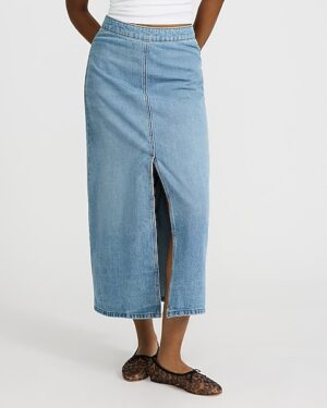 High Waisted Light Wash Front Slit Maxi Denim Skirt
