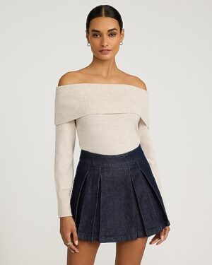 High Waisted Denim Pleated Mini Skort
