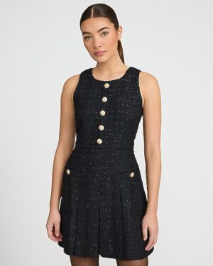 Metallic Tweed Novelty Button Front Mini Dress