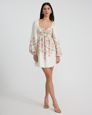 Floral Sweetheart Long Sleeve Tie Open Back Mini Fit and Flare Dress