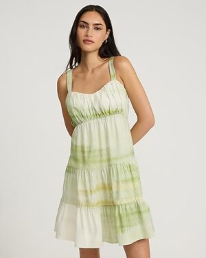 Linen-Blend Printed Ruched Sleeveless Tiered Mini Dress