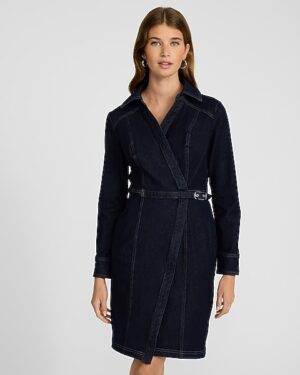 Denim Long Sleeve Belted Wrap Mini Dress