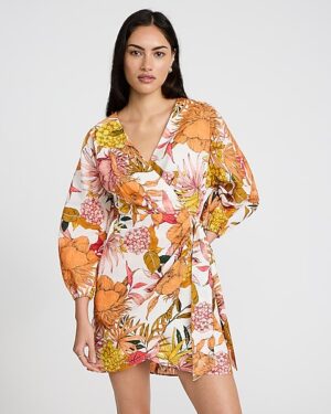 Floral Linen-Blend V-Neck Long Sleeve Tie Wrap Mini Sheath Dress
