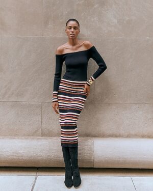 Striped Off The Shoulder Long Sleeve Maxi Sweater Dress