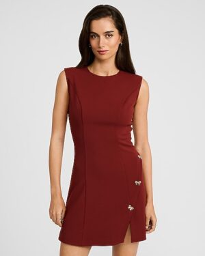 Crepe Crew Neck Bow Button Mini Dress