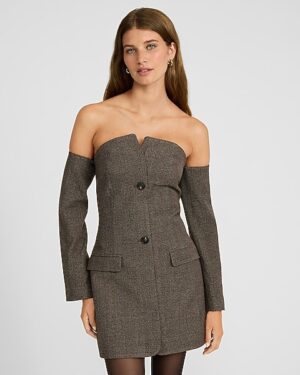 Houndstooth Off The Shoulder Mini Blazer Dress with Pockets